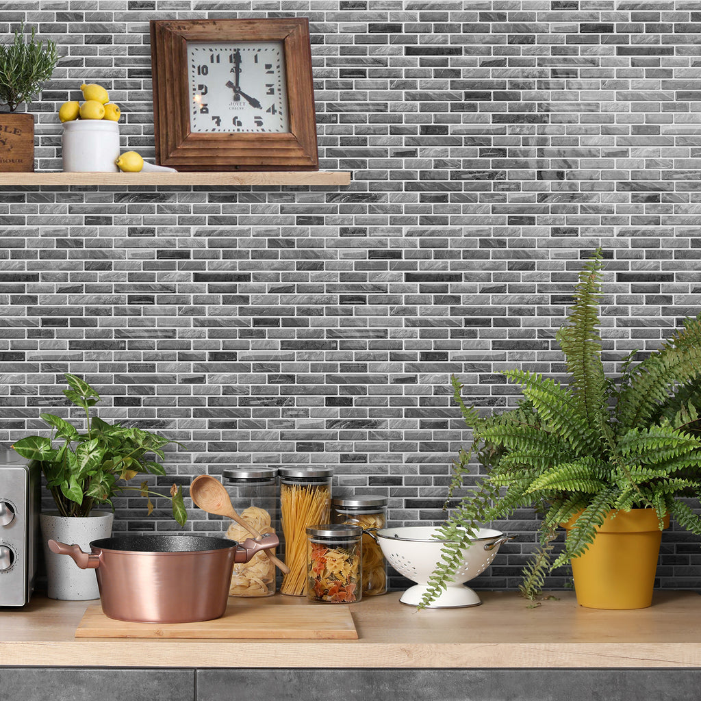 Linear Strip Mosaic Tiles - Gray & Black Mix - 3D Textured Gel Stickers for Bathroom