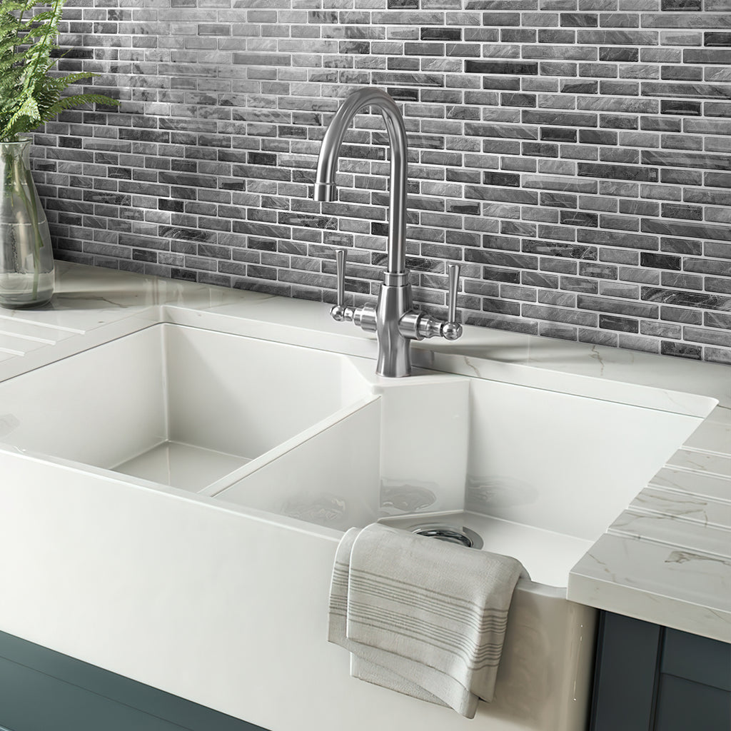 Linear Strip Mosaic Tiles - Gray & Black Mix - 3D Textured Gel Stickers for Bathroom