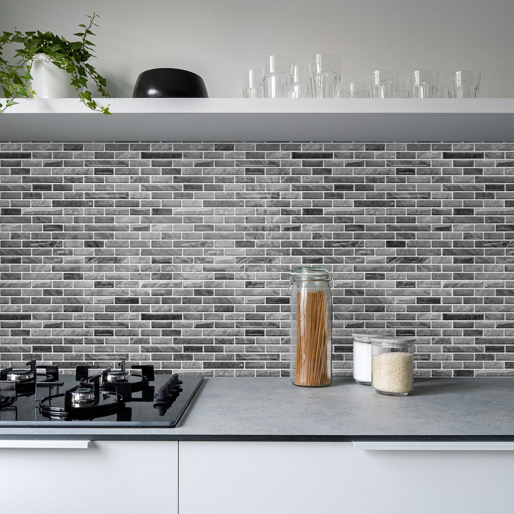 Linear Strip Mosaic Tiles - Gray & Black Mix - 3D Textured Gel Stickers for Bathroom