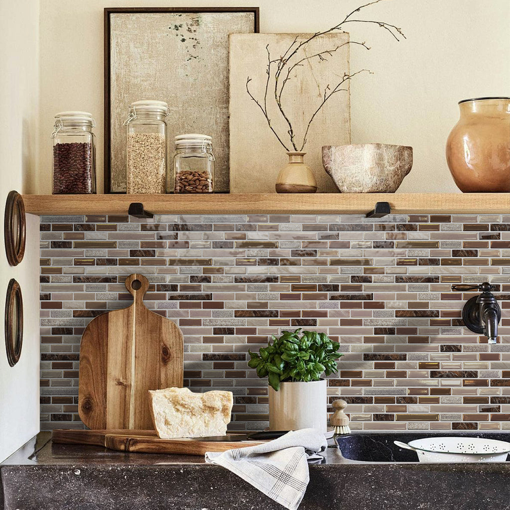 Linear Strip Mosaic Tiles - Brown Mix - 3D Textured Gel Stickers for Bathroom