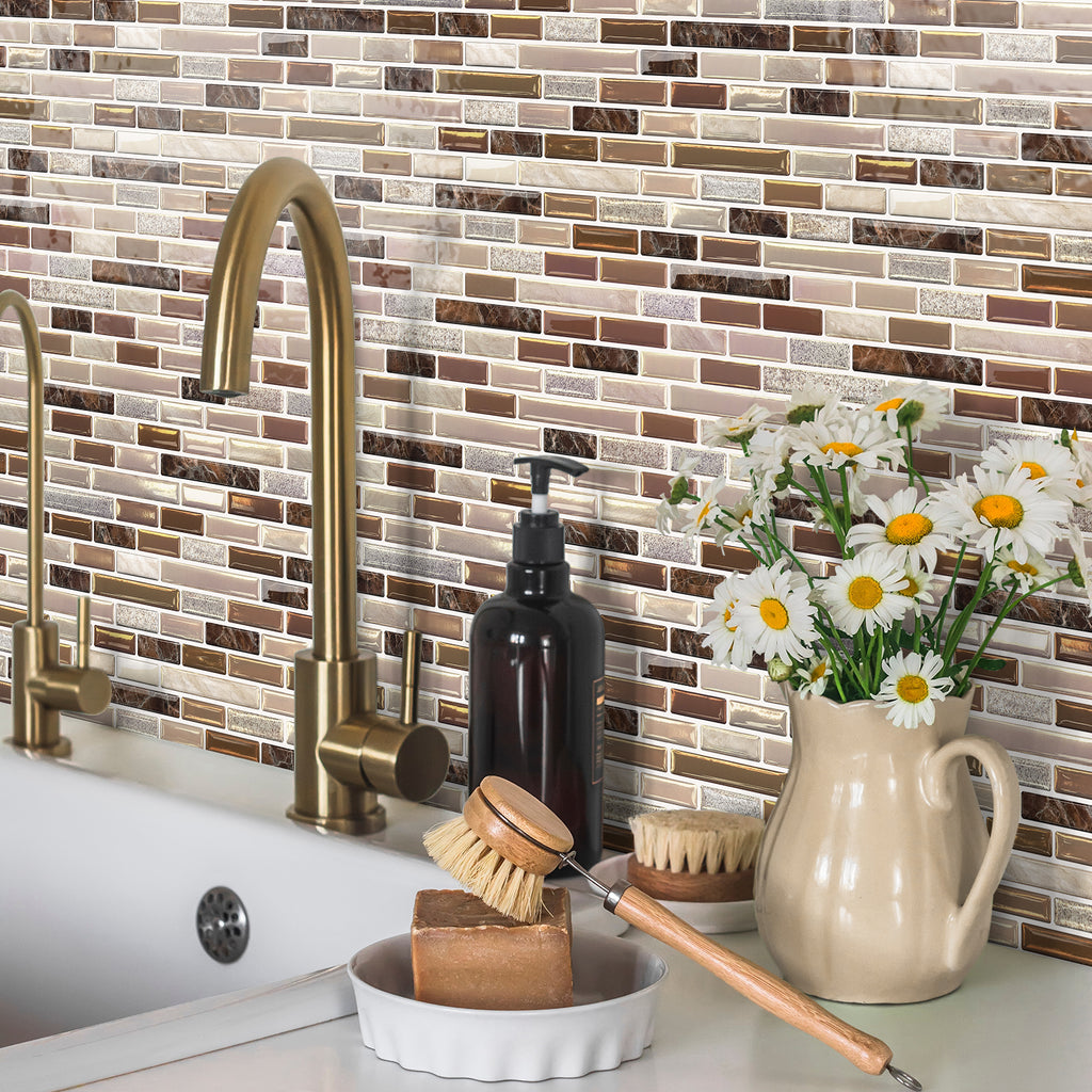 Linear Strip Mosaic Tiles - Brown Mix - 3D Textured Gel Stickers for Bathroom