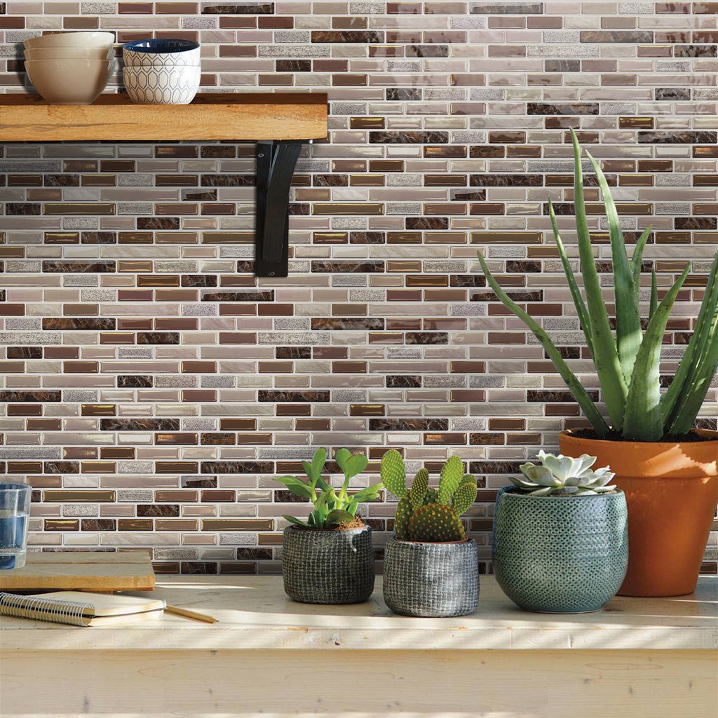 Linear Strip Mosaic Tiles - Brown Mix - 3D Textured Gel Stickers for Bathroom
