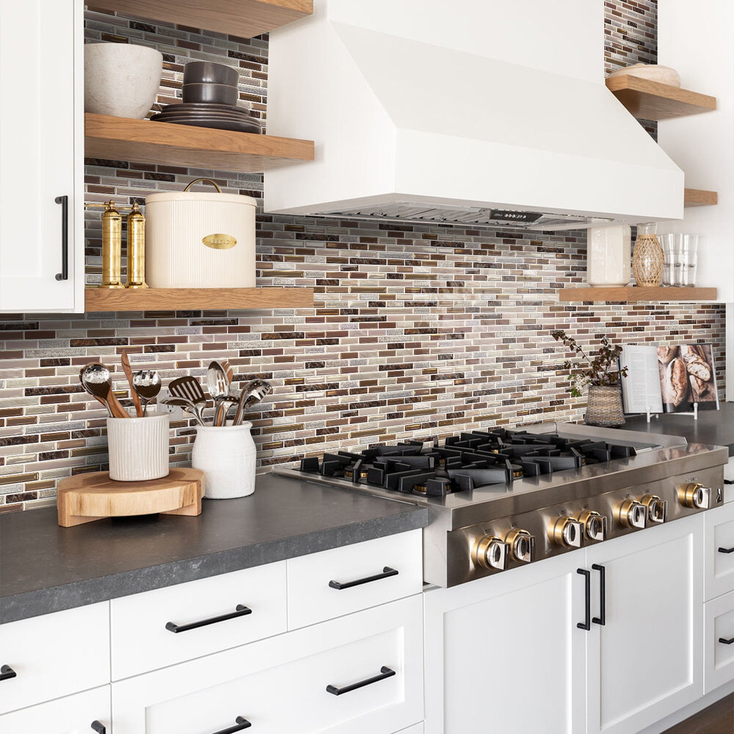 Linear Strip Mosaic Tiles - Brown Mix - 3D Textured Gel Stickers for Bathroom
