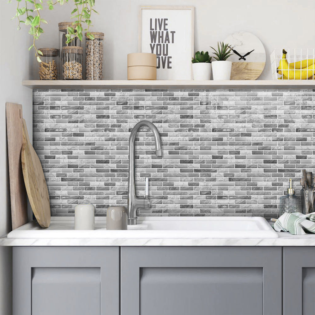 Linear Strip Mosaic Tiles - Gray & White Mix - 3D Textured Gel Stickers for Bathroom