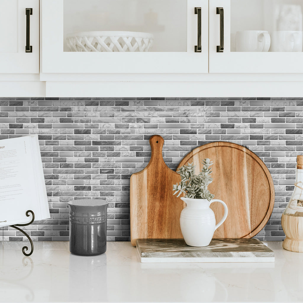 Linear Strip Mosaic Tiles - Gray & White Mix - 3D Textured Gel Stickers for Bathroom