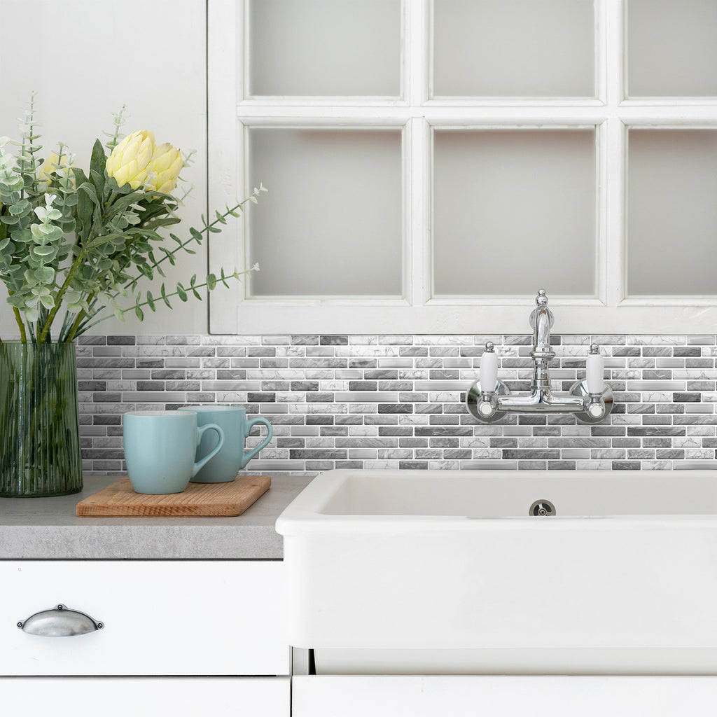 Linear Strip Mosaic Tiles - Gray & White Mix - 3D Textured Gel Stickers for Bathroom