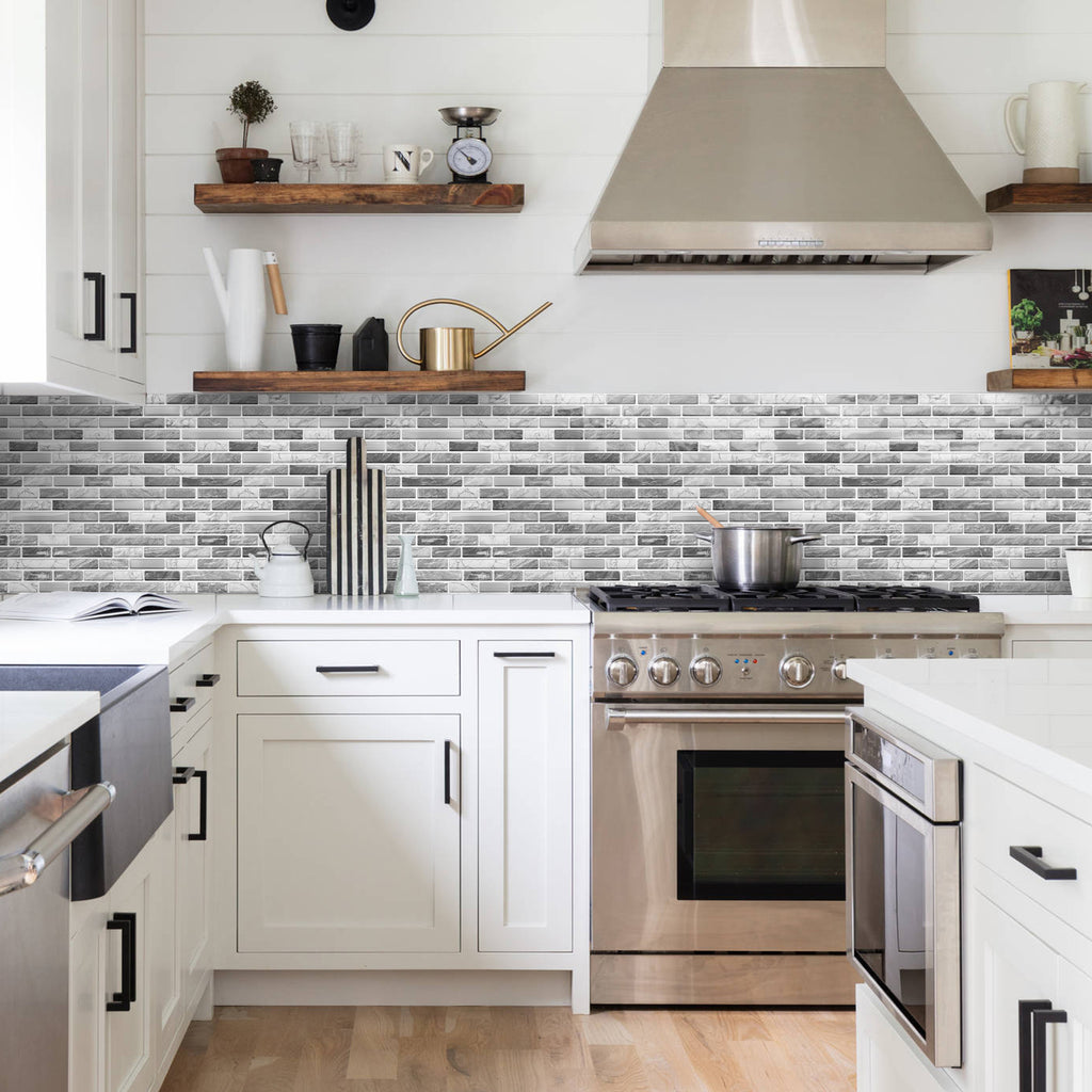 Linear Strip Mosaic Tiles - Gray & White Mix - 3D Textured Gel Stickers for Bathroom