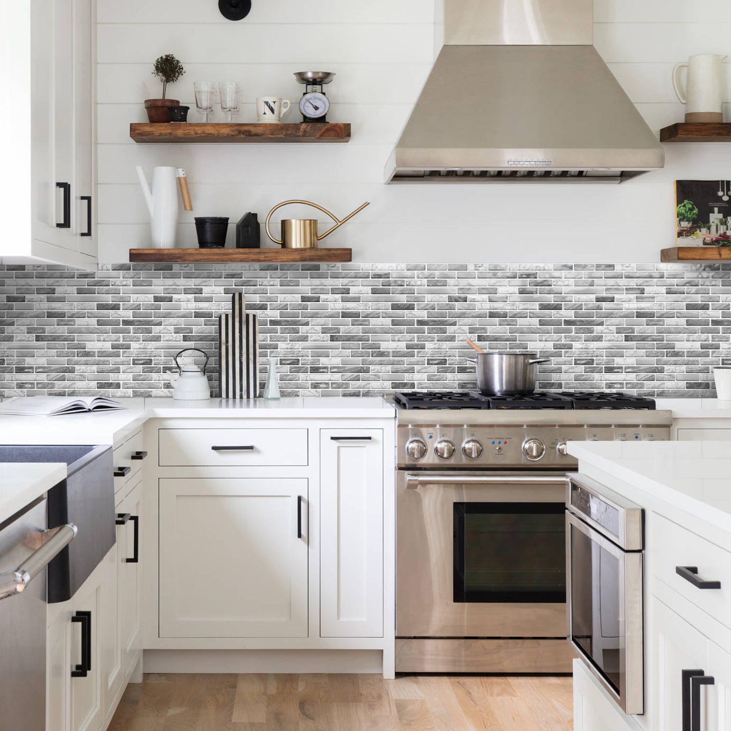 Linear Strip Mosaic Tiles - Gray & White Mix - 3D Textured Gel Stickers for Bathroom