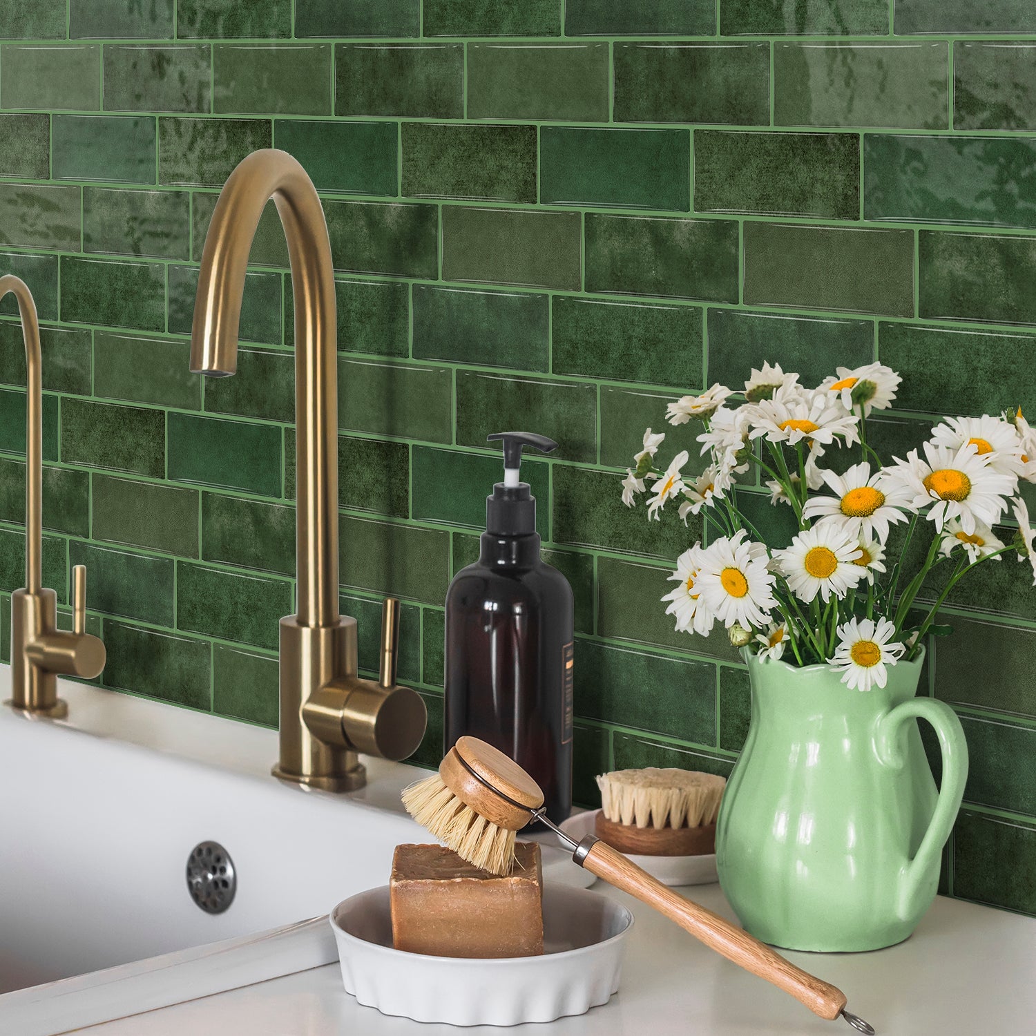 High Gloss 3D Metro Tiles - Vintage Green - Self Adhesive Bathroom & Kitchen Splashback