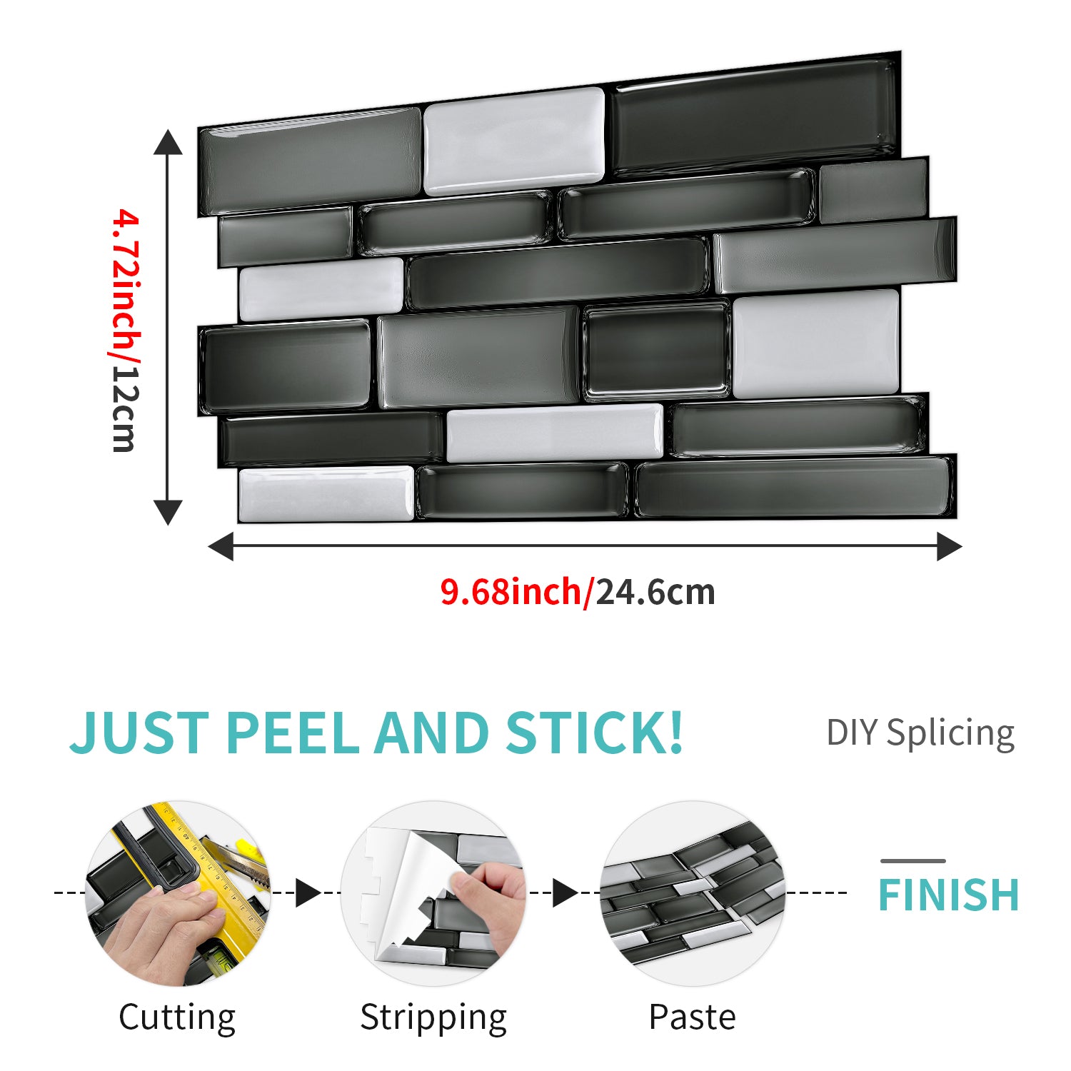 Linear Mosaic Tile Stickers - Black Stone - High Gloss Crystal Film